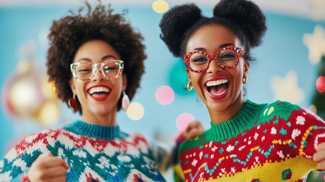 Extremely Happy Black Women in Colorful Ugly Christmas Sweater Bursting with Holiday Cheer, Celebrating Festive Holiday Party with Over-the-Top Enthusiasm, Female Christmas Lover