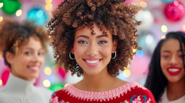 Extremely Happy Woman in Colorful Ugly Christmas Sweater Bursting with Holiday Cheer, Celebrating Festive Holiday Party with Joy and Enthusiasm, Female Christmas Lover.