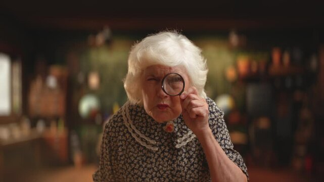 Funny granny looking through magnifying glass, having questions, detective