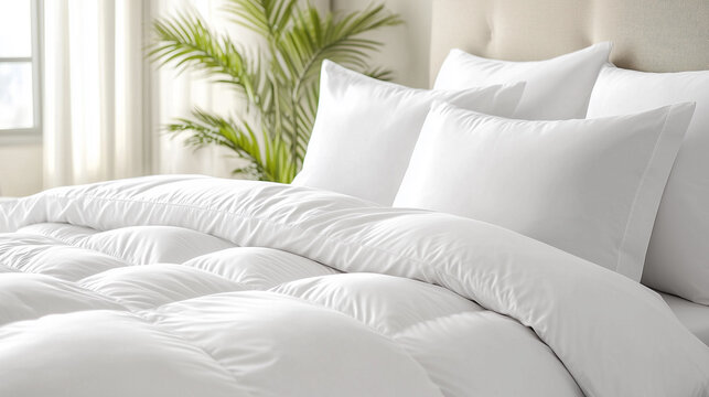Hotel or Home Bedroom with Comfortable White Bedding and Elegant Interior Design, Green Plant, Soft Pillows and Bed Linen.	