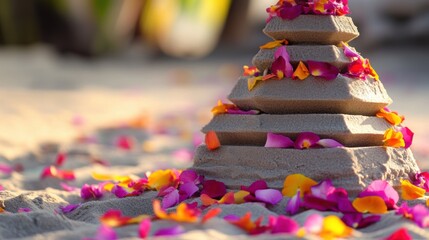 Fototapeta premium Sandcastle Decorated with Colorful Flower Petals