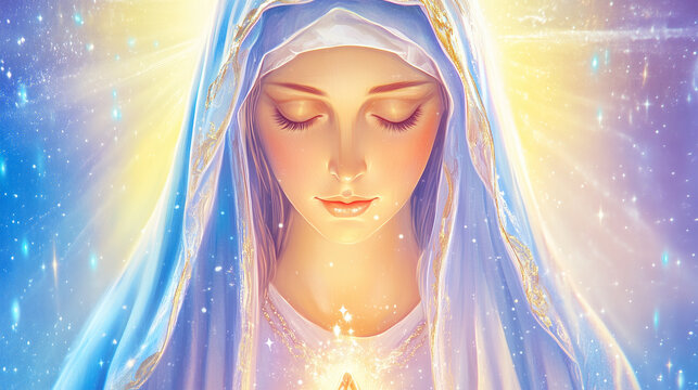 Illustration of Virgin Mary in Blue Robes, Holy Mother with Glowing Halo, Madonna, Religious Icon, Celebrating Assumption, Immaculate Conception, Annunciation, Christian Art.