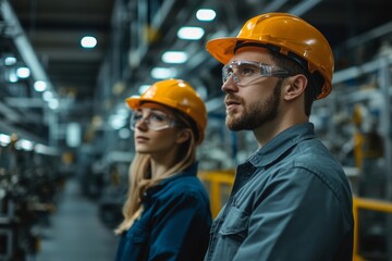 Female engineer and male production manager standing in modern industrial factory, talking about production. Manufacturing facility with robotics and, Generative AI