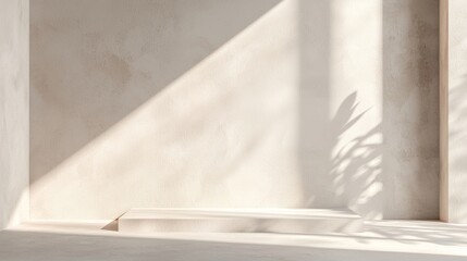 Empty rectangular podium casting shadow on beige concrete wall lit by sunlight with palm leaf shadows overlay, perfect for product placement