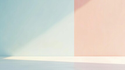 Soft sunlight filters through a window, casting shadows on pastel walls and white floors. Modern, elegant room perfect for creative projects