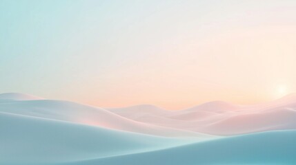 Serene and minimalist landscape featuring rolling hills bathed in soft pastel colors of pink, blue, and yellow, creating a dreamlike and tranquil atmosphere