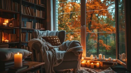 Cozy reading nook with an armchair by a large window overlooking autumn trees Soft lighting enhances the warm atmosphere