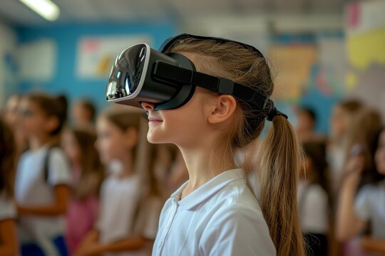 Schoolgirl learning with VR headset on head. Teacher using modern technology, virtual reality during class, lesson, Generative AI