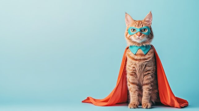 Super Cat - Adorable Feline Hero in Colorful Cape and Mask on Light Blue Background