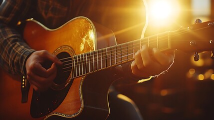 Naklejka premium Acoustic guitar performing on stage with warm lights glowing in the background