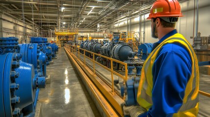 Fototapeta premium An action shot of maintenance workers inspecting large pumps and machinery within the treatment plant. The workers are equipped with safety gear