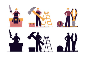 Home repair, set of various repairmen with toolkit. Builders and building hand tools for repair. Three worker man and silhouettes, repair service. Group of handyman