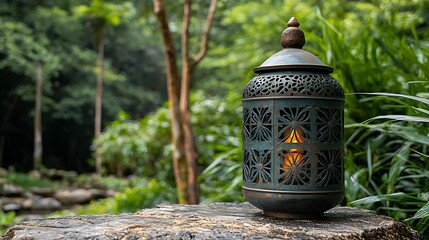 A metal lantern flickers on a tree stump, casting warm light in a lush green garden.