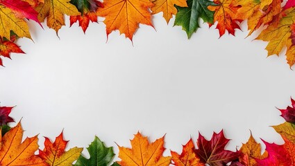 Autumn leaf border with yellow red and green fall leaves and blank white center copy space