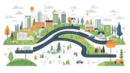 A colorful cityscape twists with winding roads, trees, and buildings bustling with life.