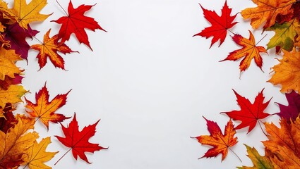 Fototapeta premium Autumn leaf border with red and yellow fall leaves and blank white center space