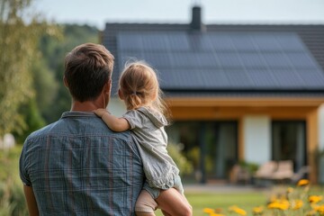 Rear view of dad holding her little girl in arms and showing at their house with installed solar panels. Alternative energy, saving resources and sustainable lifestyle, Generative AI