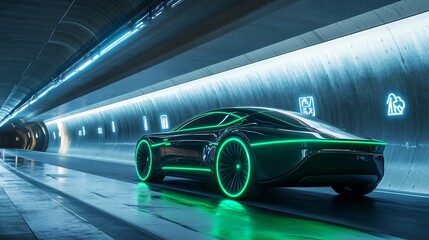 Obraz premium Black sports car with glowing green lights driving through a tunnel.
