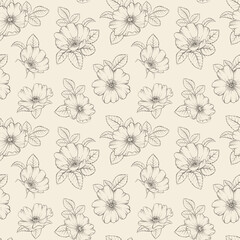 Beige floral pattern with Rose. Botanical rosehip