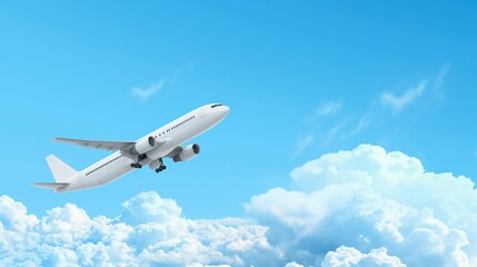 Obraz premium Illustration of commercial airplane flying above clouds in blue sky. Air travel and aviation industry