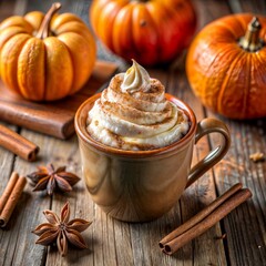 Fototapeta premium Autumn pumpkin latte with cinnamon and whipped cream on a wooden table, a perfect drink for cool autumn days and celebrating Halloween in a warm and cozy atmosphere.