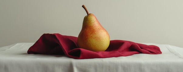 Pear on red cloth on white table