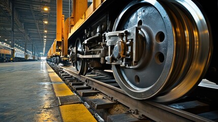 Fototapeta premium Close-up of a train wheel on tracks in an industrial setting.