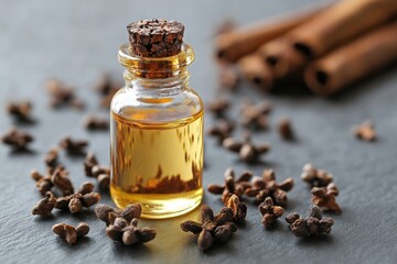 a banner featuring a small glass bottle of clove essential oil and cloves, representing an aromatic spice concept