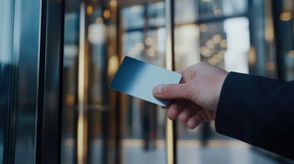 Modern Keyless Entry System - Hand holding Hotel Key Card in front of Stylish Office Building Entrance