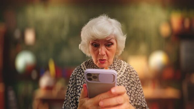 Eccentric grandma reading shocking news on phone against classroom background