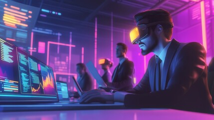 Innovative Businessmen Analyzing Financial Data with VR Glasses in Neon Office Environment