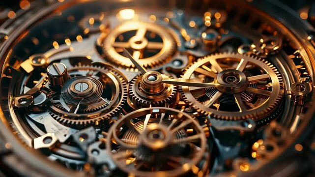 Mesmerizing movement of intricate clockwork gears in golden light ambiance, 4k footage