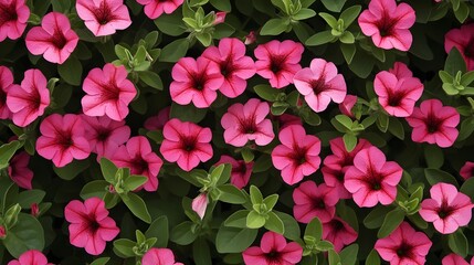 Fototapeta premium a dense cluster of vibrant pink flowers with dark centers, surrounded by lush green leaves. The flowers appear to be petunias, which are known for their trumpet-shaped blooms