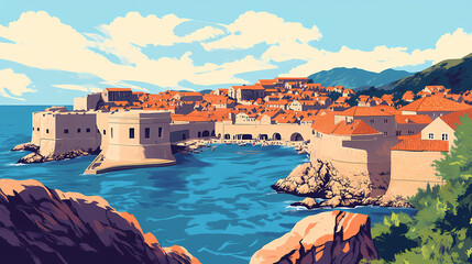 Dubrovnik, croatia - july medieval architecture in the walled city and the rugged coastline of dubrovnik, croatia with views of the adriatic sea. Rugged Coastline. Illustration