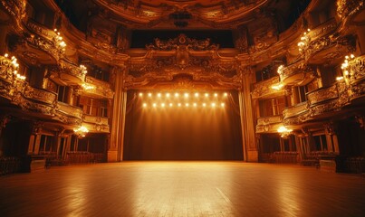 Obraz premium Wide shot of an Empty Elegant Classic Theatre with Spotlight Shot from the Stage. Well-lit Opera House with Beautiful Golden Decoration Ready to Recieve Audience for a Play or Ballet, Generative AI