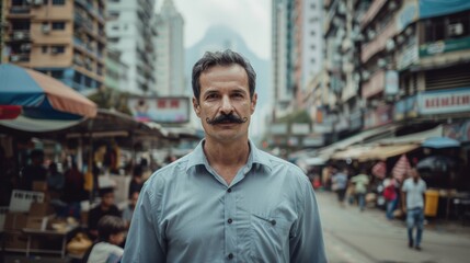 Fototapeta premium Distinguished Man in Bustling City Square with Skyscrapers and Street Vendors - Urban Lifestyle and Architecture