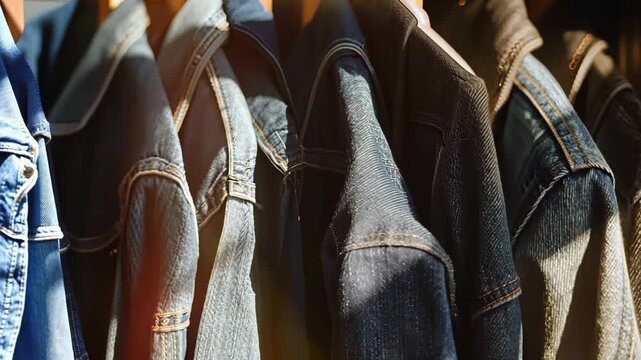Denim jackets hanging in a row with sunlight highlighting textures in a modern clothing store setting, 4k footage