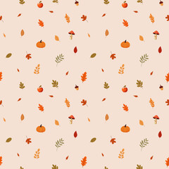 A simple autumn pattern in flat style featuring colorful leaves arranged in a repeating design.Background for textiles, fabrics, cotton fabric, covers, wallpaper, print, gift wrapping, postcard.