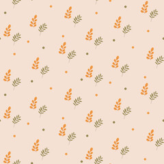 A simple autumn pattern in flat style featuring colorful leaves arranged in a repeating design.Background for textiles, fabrics, cotton fabric, covers, wallpaper, print, gift wrapping, postcard.