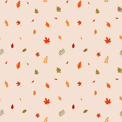 A simple autumn pattern in flat style featuring colorful leaves arranged in a repeating design.Background for textiles, fabrics, cotton fabric, covers, wallpaper, print, gift wrapping, postcard.