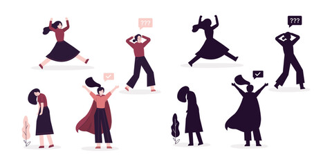 Fototapeta premium Diverse business people. Set of businesswomen in various poses with silhouettes. Successful women, employees, office workers, entrepreneur. Collection of female clerks