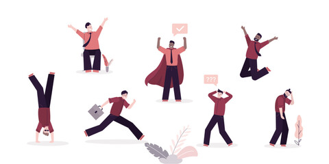 business people. Set of businessmen in various poses. Successful men, employees, office workers, entrepreneur hero. Collection of multiethnic male clerks with various activities.