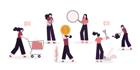 Diverse business women in various poses and jobs. Set of businesswoman standing with business tools. Female employees, users, workers and customer. Collection of office clerks.