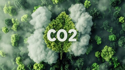 CO2 reduction concept with green forest and mist, symbolizing carbon capture.