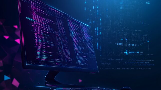 Digital programming code on the computer monitor screen. Abstract software or web development concept on dark blue technology background. Develop of application. Low poly wireframe vector illustration