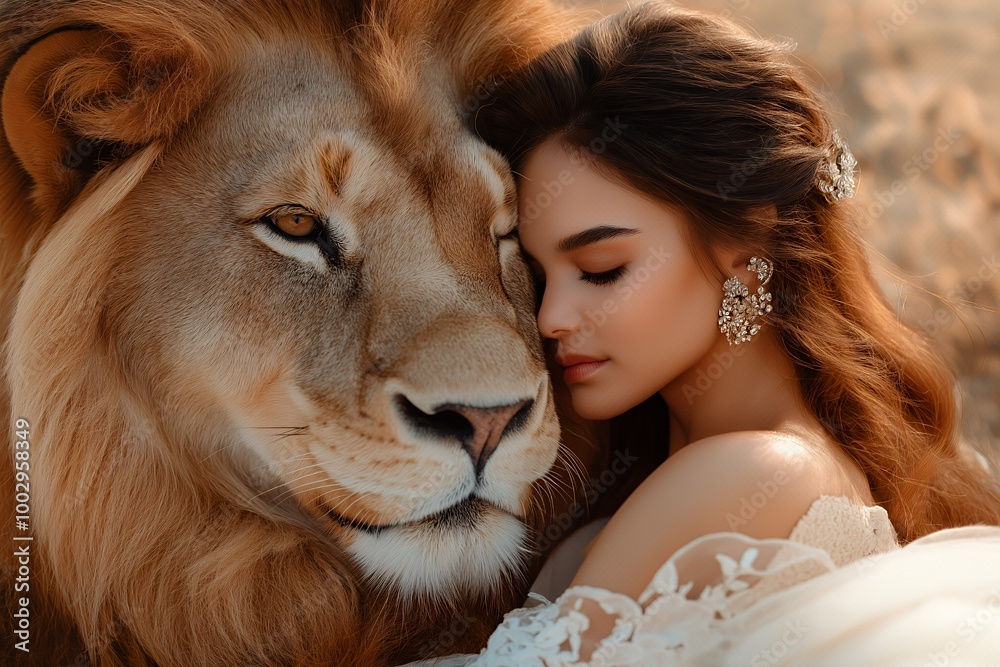 Poster A woman with long brown hair is leaning against a lion and closing her eyes.