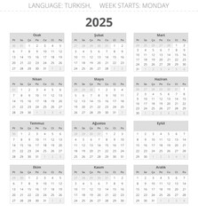 2025 year turkish calendar - takvim. Printable vector illustration for Turkey, grey colors