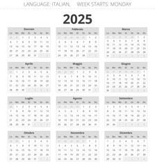 2025 year calendar. Italian language. 12 months. Printable vector illustration, grey color for Italy
