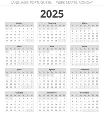 PORTUGUESE calendar for 2025 year. Printable vector illustration in grey colors for Portugal