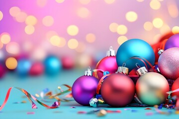 Fototapeta premium a festive arrangement of colorful Christmas ornaments. There are shiny baubles in various colors, including blue, pink, purple, and red, scattered on a surface